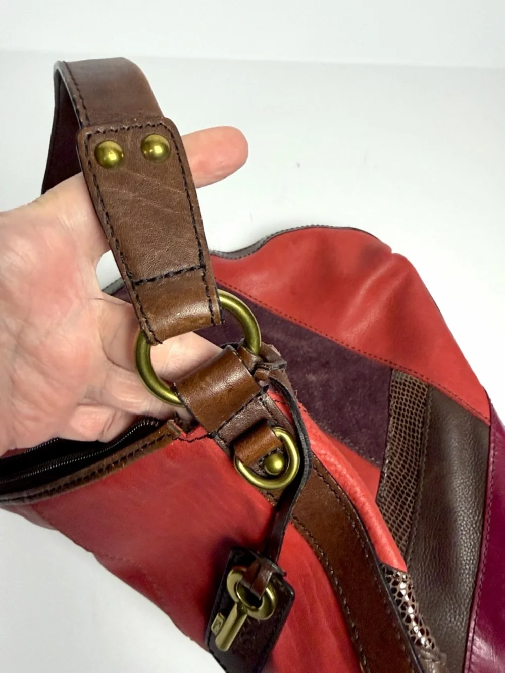 Fossil Patchwork Leather Hobo Bag Multicolor Brown Red Boho Key Charm Vintage